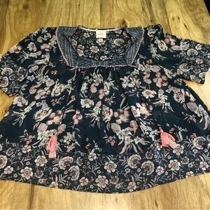 Knox Rose Womens Size Large Peasant Bohemian Floral Top Front Tie Blue Green